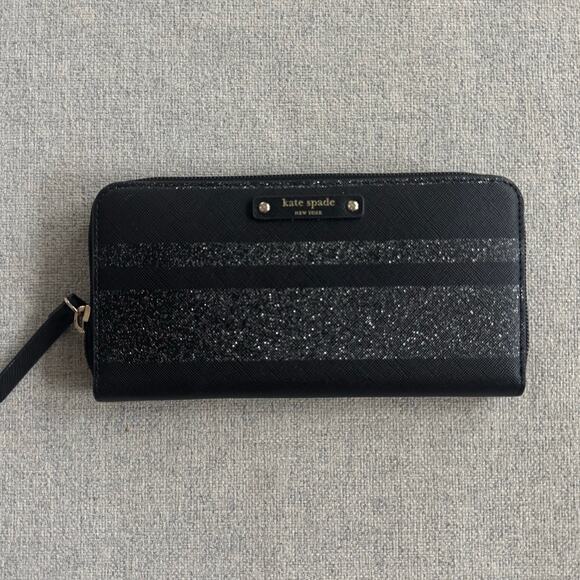 Kate Spade New York Haven Lane Neda Zip Around Wallet in Black w/ silver stripes - Picture 9 of 9